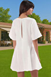 Şık Kadın Bisiklet Yaka Müslin Elbise Pamuklu Yazlık Mini Elbise Dayanıklı Malzeme Konforlu Kesim