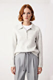 Kadın Modern ve Rahat Polo Yaka Saç Örgü Detaylı Regular Triko Kışlık Standart Kol Kazak Kaliteli