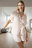 Rahat ve Şık Müslin Pijama Takımı %100 Pamuk Kalpli Desen Boru Paça Premium Kalite Uzun Ömürlü
