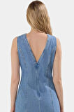 V Yaka Denim Mini Elbise Bodycon Kalıp Yazlık Rigid Dokuma %Pamuk Trend Tasarım