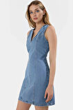 V Yaka Denim Mini Elbise Bodycon Kalıp Yazlık Rigid Dokuma %Pamuk Trend Tasarım
