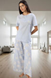 İlkbahar Sonbahar Homewear %100 Pamuk Çiçekli Pijama Takımı Modern Stil Kaliteli İşçilik