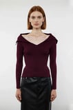 Kadın Modern Fitted Triko Bluz Devrik Carmen Yaka İnce Fitilli Dokuma Uzun Kol Crop Tasarım