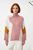 Kadın Oversize Dik Yaka Bej Renk Bloklu Düşük Kol Uzun Triko Kazak Kış Günleri İçin İdeal Seçim