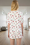 Kısa Kollu Kiraz Desenli Yazlık Pijama Takımı; Örme Viskon Rahat Kesim Premium Kalite
