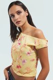 Çiçek Desenli Astarlı Polyester Bluz Asimetrik Yaka Kısa Kol Yazlık Örme Dayanıklı Malzeme