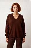 Kadın Casual V Yaka Akrilik Triko Kazak Büzgülü Kol Detaylı Konforlu Basic Rahat Kullanım İçin