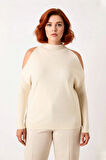 Kadın Rahat Relaxed Kalıp Dik Yaka Düşük Kollu Omzu Açık Detaylı Trend Akrilik Triko Kazak