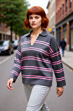 Kadın Triko Çizgili Polo Yaka Kazak Relaxed Kesimiyle Konforlu Ve Şık Bir Kış Kombini Yaratır