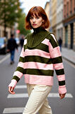 Kadın Şık Oversize Kalın Triko Kazak Selanik Dokuma Çizgili Dik Yaka Düşük Kol Kış Stili Kaliteli