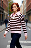 Kadınlara Özel Bebe Yaka Çizgili Triko Kazak Regular Kalıp Uzun Kol Günlük Kış Konforu Kaliteli