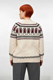 Kadın Kış Sezonu Kalın Triko Geometrik Desenli V Yaka Regular Kalıp Reglan Kol Kazak Kaliteli