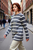 Kadın Çizgili Triko Düşük Kol Bisiklet Yaka Kışlık Tesettür Giyim Rahat Regular Kalıp Kazak