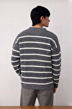 Casual Erkek Kalın Triko Dokulu Bisiklet Yaka Çizgili Oversize Selanik Kışlık Kazak Modeli
