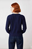Kadın Lacivert Düşük Kol Saç Örgü Triko Kazak Gömlek Yakalı Regular Kalıp Kış Kombinleri Kaliteli