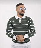 Polo Yaka Düğmeli Çizgili Triko Kazak (MANKEN: BOY 185 KİLO 83)