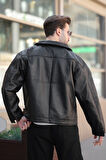 Erkek Düğmeli Siyah Deri Ceket