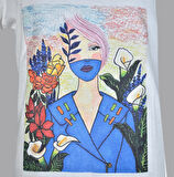 Kadın Ekru Mask Baskılı Özel Tasarım Limited Edition V Yaka Cut Out Detaylı Modal Pamuk T-shirt