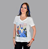 Kadın Ekru Mask Baskılı Özel Tasarım Limited Edition V Yaka Cut Out Detaylı Modal Pamuk T-shirt