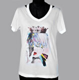 Kadın Ekru Art Save The Queen Baskılı Özel Tasarım Limited Edition V Yaka Modal Pamuk T-shirt