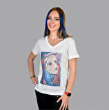 Kadın Ekru Paint Baskılı Özel Tasarım Limited Edition V Yaka Cut Out Detaylı Modal Pamuk T-shirt