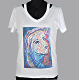 Kadın Ekru Paint Baskılı Özel Tasarım Limited Edition V Yaka Cut Out Detaylı Modal Pamuk T-shirt