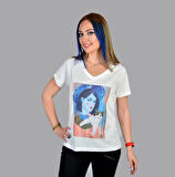Kadın Ekru Pati Baskılı Özel Tasarım Limited Edition V Yaka Cut Out Detaylı Modal Pamuk T-shirt