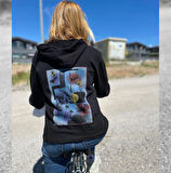 Kadın Siyah Space Flower Baskılı Özel Tasarım Limited Edition Kapşonlu Sweatshirt