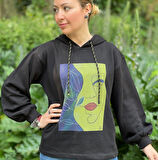 Kadın Siyah  Baskılı Özel Tasarım Limited Edition Kapşonlu Sweatshirt