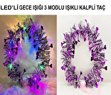 Kalp Püsküllü Gece Parıltısı 3 Modlu LED&amp;#39;li Işıklı Taç Mor Renk