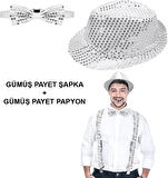 Gümüş Payetli Şapka ve Papyon Seti Parıltılı Yetişkin Kostüm Seti