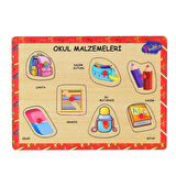 Ahşap Tutmalı Okul Malzemeleri Eğitici Puzzle Oyunu