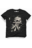 Keyifli Astronot Erkek Baskılı Siyah Tshirt