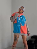 Kadın W Nakış İşlemeli Kapüşonlu 3 iplik pamuklu Parçalı Sweatshirt Hoodie - Mavi