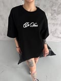 Kadın Baskılı T-Shirt Kısa Kol Bisiklet Yaka Oversize Rahat Kalıp Günlük Tişört - Siyah
