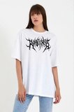 Kadın Baskılı T-Shirt Kısa Kol Bisiklet Yaka Oversize Rahat Kalıp Günlük Tişört   - Beyaz
