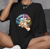 Kadın Baskılı T-Shirt Kısa Kol Bisiklet Yaka Oversize Rahat Kalıp Günlük Tişört   - Siyah