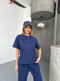Kadın Osy Modal Yumuşak Dokulu Kumaş Kısa Kollu Bluz Rahat Pantolon ikili Takım- Lacivert