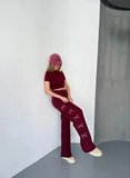 Kadın Osy Modal Yumuşak Dokulu Kumaş Nakış işlemeli Rahat Bol Paça Eşofman Pantolon - Bordo