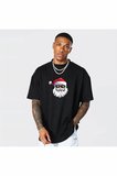 Yılbaşı Gözlüklü Noel Baba Baskılı Kısa Kollu Oversize Bisiklet Yaka T-shirt - Siyah