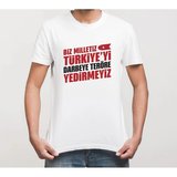15 Temmuz Demokrasi Milli Birlik YEDİRMEYİZ Baskılı Bisiklet Yaka T-shirt - Beyaz