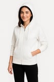 Kadın 3 İplik Kapüşonlu Tam Fermuarlı Kanguru Cepli Sweatshirt Hoodie - Beyaz