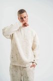 Erkek 3 İplik Pamuklu Yağ Yıkamalı Bisiklet Yaka Sweatshirt Oversize Hoodie - Krem
