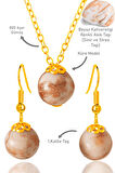 Sertifikalı Gold Küre Model Kahverengi Beyaz Jasper Taşı Kolye ve Küpe Seti - Gümüş Aparatlı