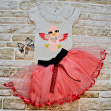 9-12-18 Ay Toka Hediyeli Kuş Desenli Tişört Tütü Etek 2li Kız Bebek Takımı Nar Çiçeği