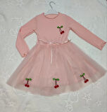 5-6-7 Yaş Kiraz Desenli Kurdela Kuşaklı Astarlı Uzun Kollu Kız Çocuk Tütü Elbise Somon