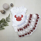 1-2-3 Yaş Payetli Mickey Nakışlı Kısa Kollu Brode Etekli 2li Kız Bebek Takımı Kırmızı