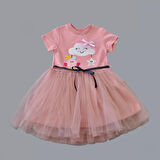 1-2-3 Yaş Tül Tokalı Bulut Civciv Ve Yıldız Nakışlı Kız Bebek Elbisesi Gül Kurusu