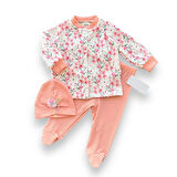 3-6-9-12 Ay Çiçek Baskılı Şapkalı Çıtçıt Kapamalı Patikli 3lü Kız Bebek Takımı Somon