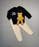 2-3-4 Yaş Ayıcık Sallanan Ayak Desenli Likra Penye Kumaş Sweat Pantolonlu Kız Erkek 2li Çocuk Takımı Siyah